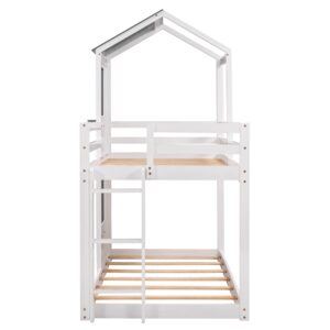 P PURLOVE Twin Over Twin Bunk Bed, Wood bunk Bed Frame with Ladder, Bunk Bed with Roof, Window and Guardrails, for Boy, Girls and Young Teens, White