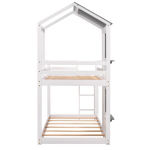 P PURLOVE Twin Over Twin Bunk Bed, Wood bunk Bed Frame with Ladder, Bunk Bed with Roof, Window and Guardrails, for Boy, Girls and Young Teens, White