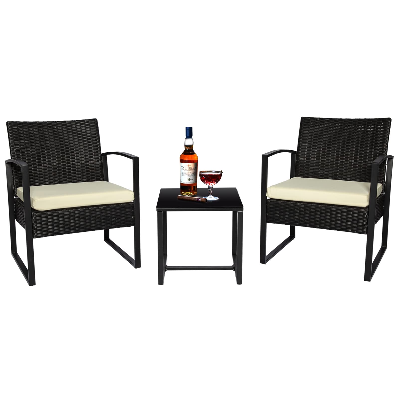 3 Piece Wicker Outdoor Patio Furniture Bistro Set, PE Rattan Chair w/Coffee Table, Small Modern Conversation Sets Clearance for Front Porch, Balcony, Garden, Lawn (Beige Cushion)