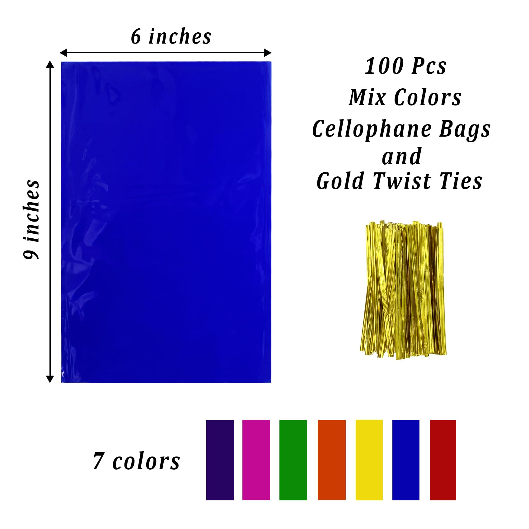 Yotelab Colored Cellophane Bags for Candy, Cookie, 6x9 Inches 100 Pcs Colorful Cellophane Treat Bags with Twist Ties