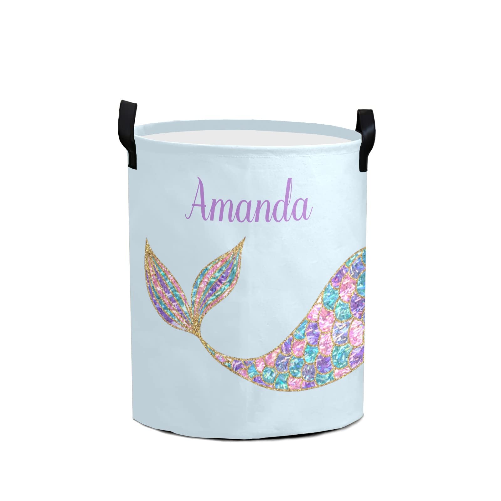 Mermaid Blue Large Laundry Basket Custom Name Foldable Clothes Bag Collapsible Fabric Laundry Hamper Folding Washing Bin for Gift