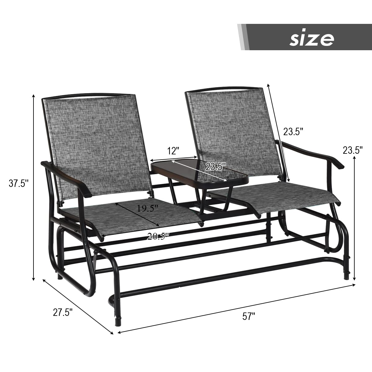 ReunionG 2-Person Outdoor Glider Chair, Patio Bench Loveseat w/Tempered Glass Center Table & Sturdy Metal Frame, Porch Swing Rocking Chair for Outside, Balcony, Garden, Grey