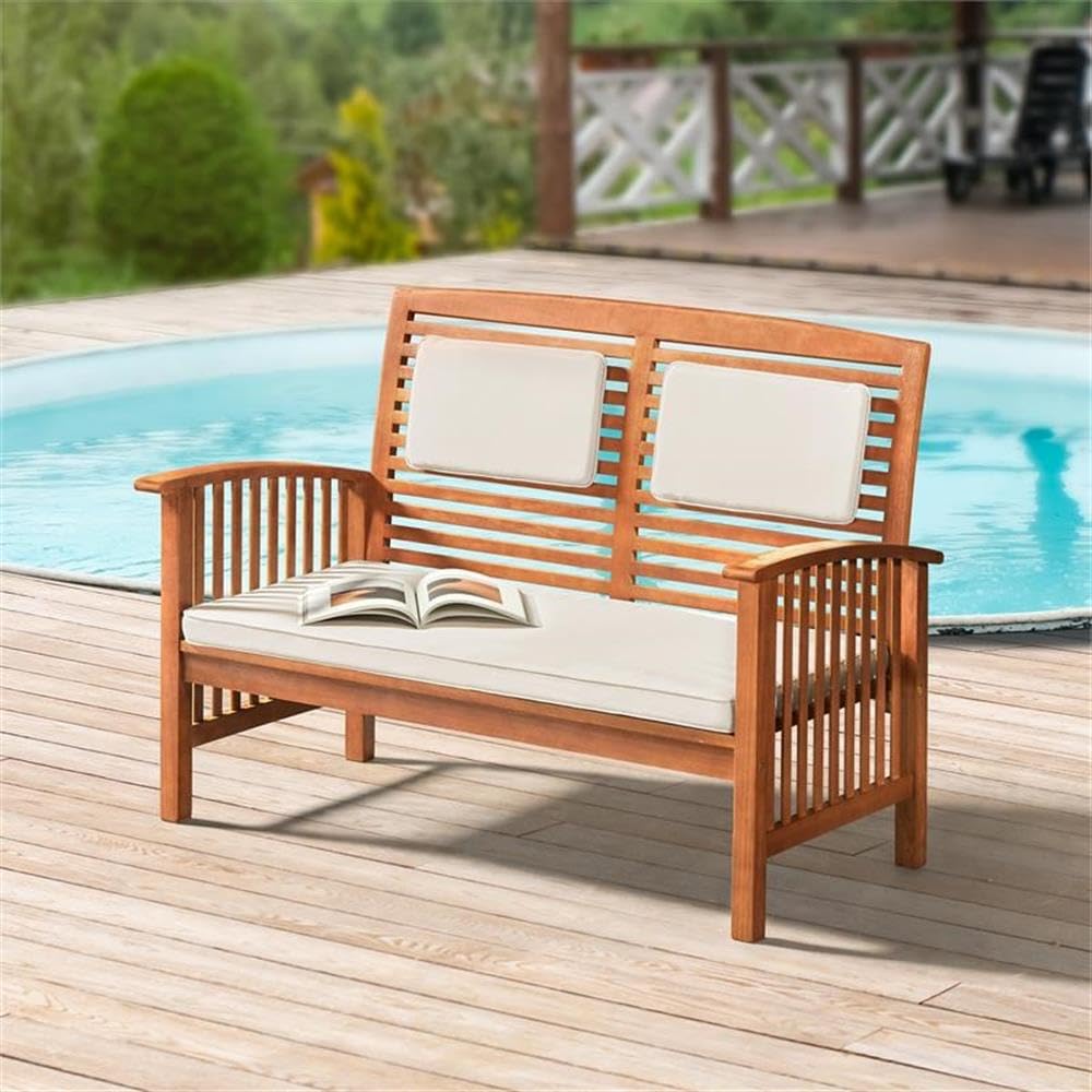 Lyndon Eucalyptus Wood Outdoor 2-Seat Bench with Cream Cushions, Weather-Resistant, Durable, Perfect for Patio and Garden, Coordinating Pieces Available, 48 in. W x 28 in. D x 35 in. H