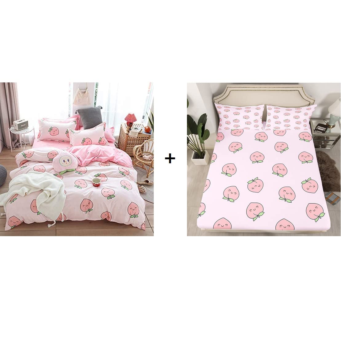 Erosebridal 6 Pieces Peach Bedding Set: Duvet Cover+Fitted Sheet (Full Size)