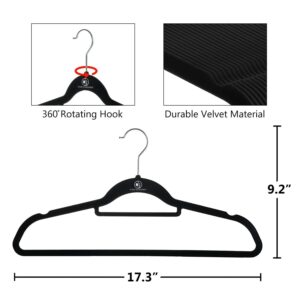 Closet Accessories Velvet Hangers, 50 Pack, Sturdy Heavy Duty Hangers Including Tie Bar, Notches, Rounded Shoulder, Non Slip Material, and 360° Chrome Hook. (Black)