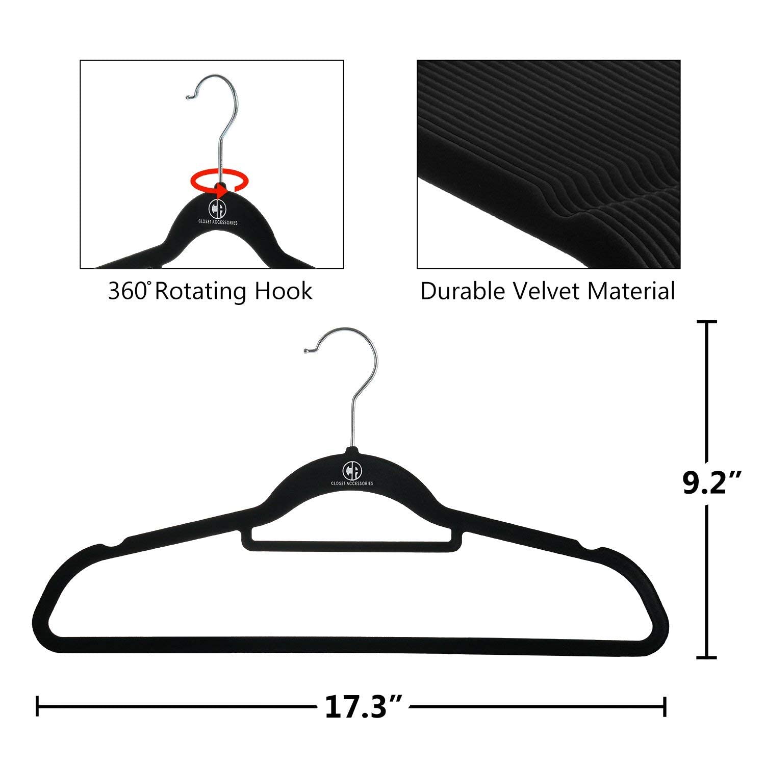 Closet Accessories Velvet Hangers, 50 Pack, Sturdy Heavy Duty Hangers Including Tie Bar, Notches, Rounded Shoulder, Non Slip Material, and 360° Chrome Hook. (Black)