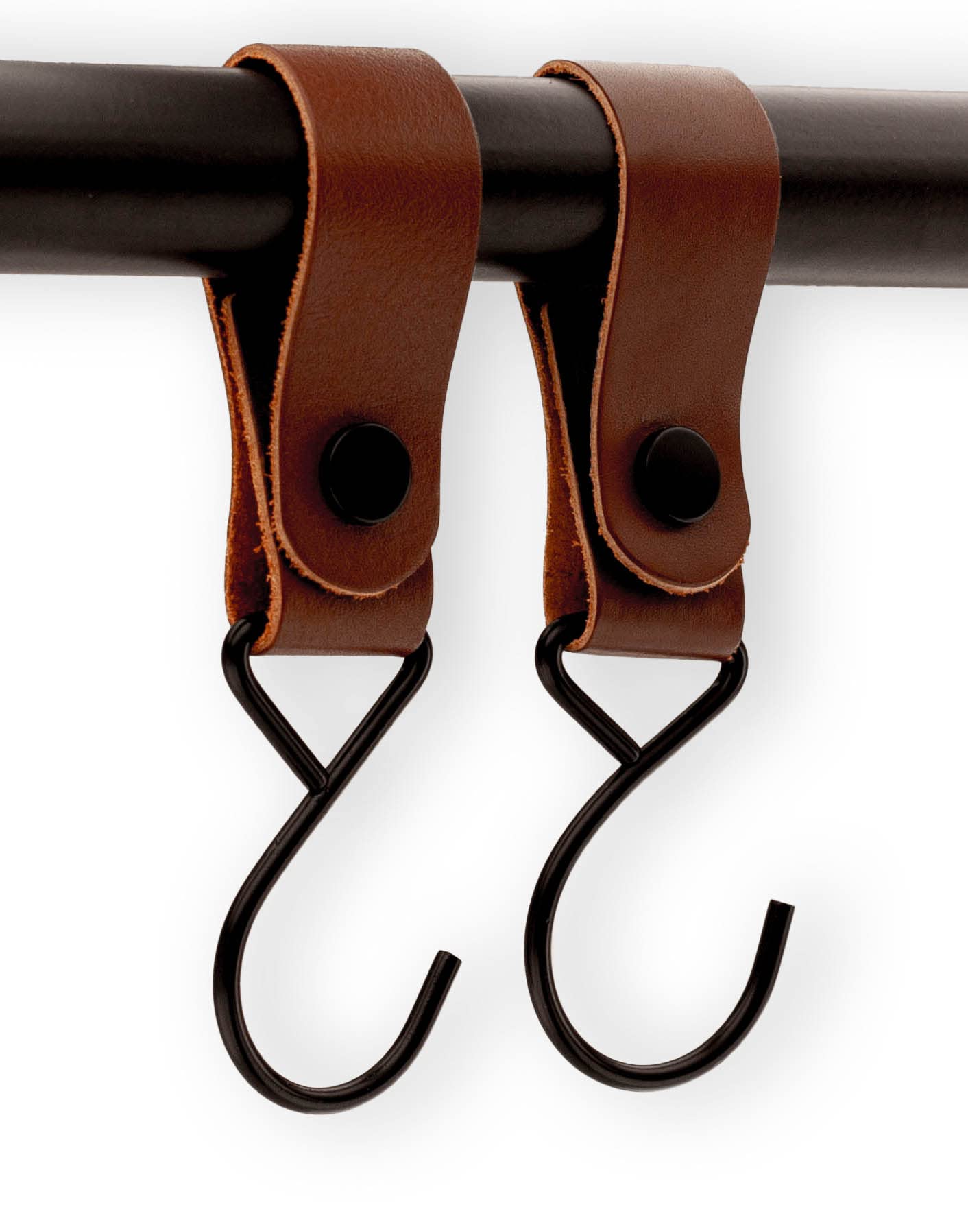 Brute Strength - Leather Straps with Hooks - Cognac - 2X - Full Grain Leather - Mommy Hook - Stroller Clip - Bag Hook - Leather Hooks - Leather s Hooks - Black s Hooks - Similar to S-Hooks