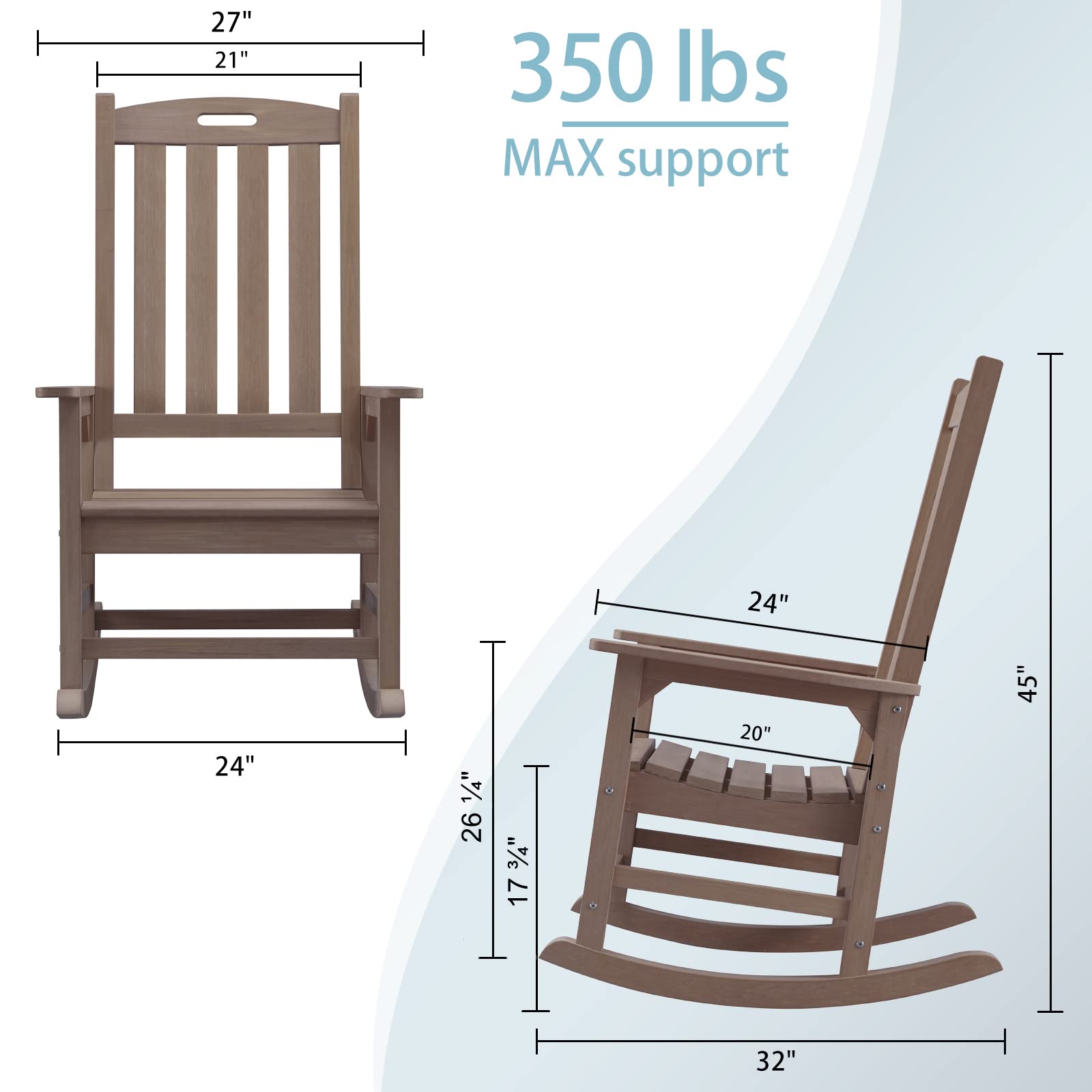 Psilvam Oversized Outdoor Rocking Chair Set of 2, Porch Rocker with 21" Wide Seat and 32" Tall Backrest, Pre-Assembled with Most Components for Effortless Installation (Brown)