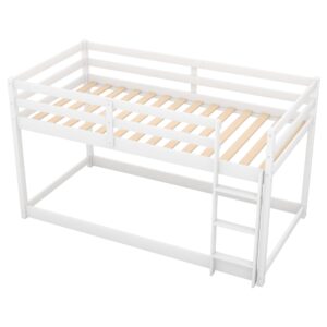 Harper & Bright Designs Low Twin Over Twin Kids Bunk Beds, Solid Wood Floor Bunk Bed Frame with Ladder, Toddler Bunk Bed with Slat, Safety Guardrail for Kids Boys Girls Teen (White)