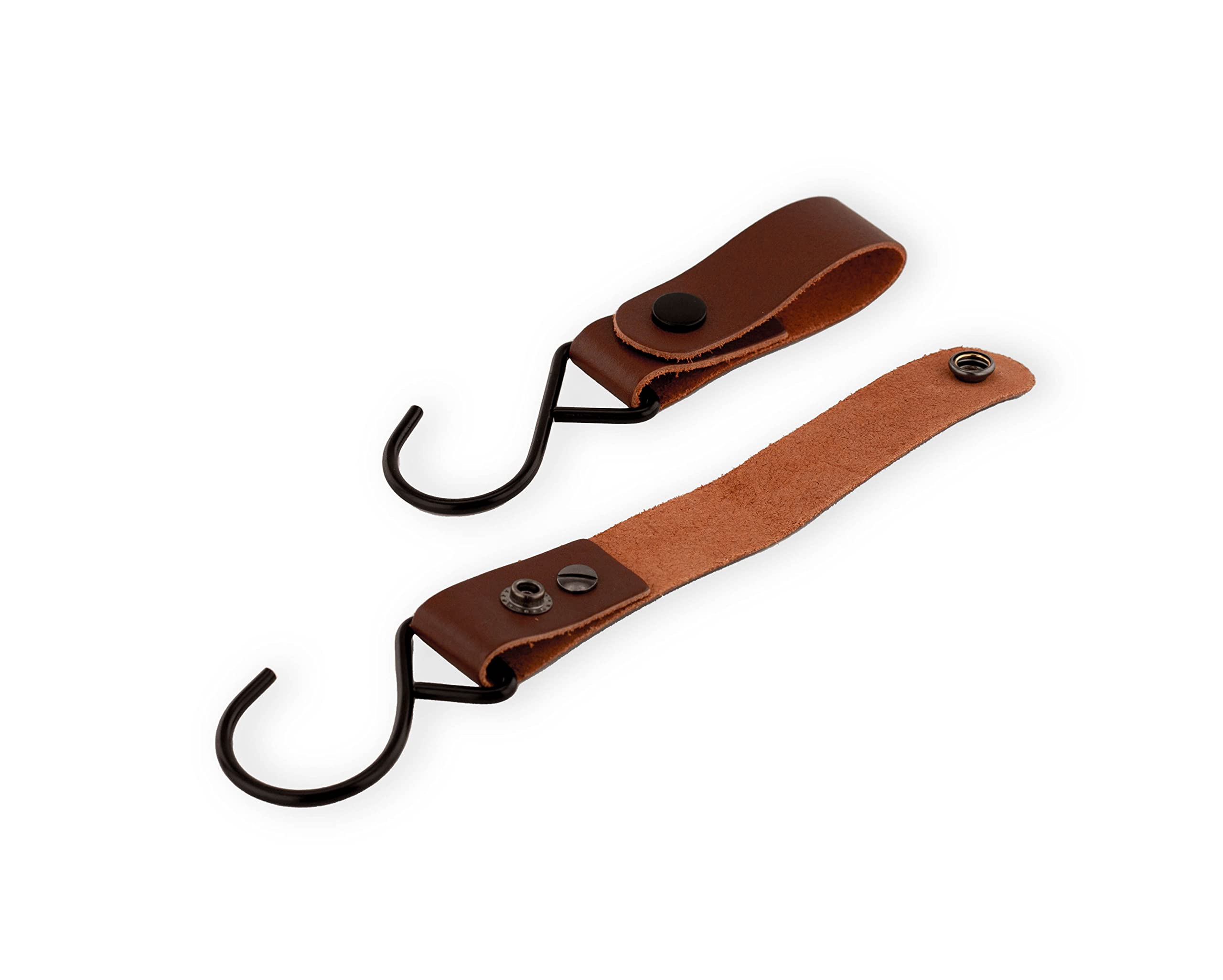 Brute Strength - Leather Straps with Hooks - Cognac - 2X - Full Grain Leather - Mommy Hook - Stroller Clip - Bag Hook - Leather Hooks - Leather s Hooks - Black s Hooks - Similar to S-Hooks