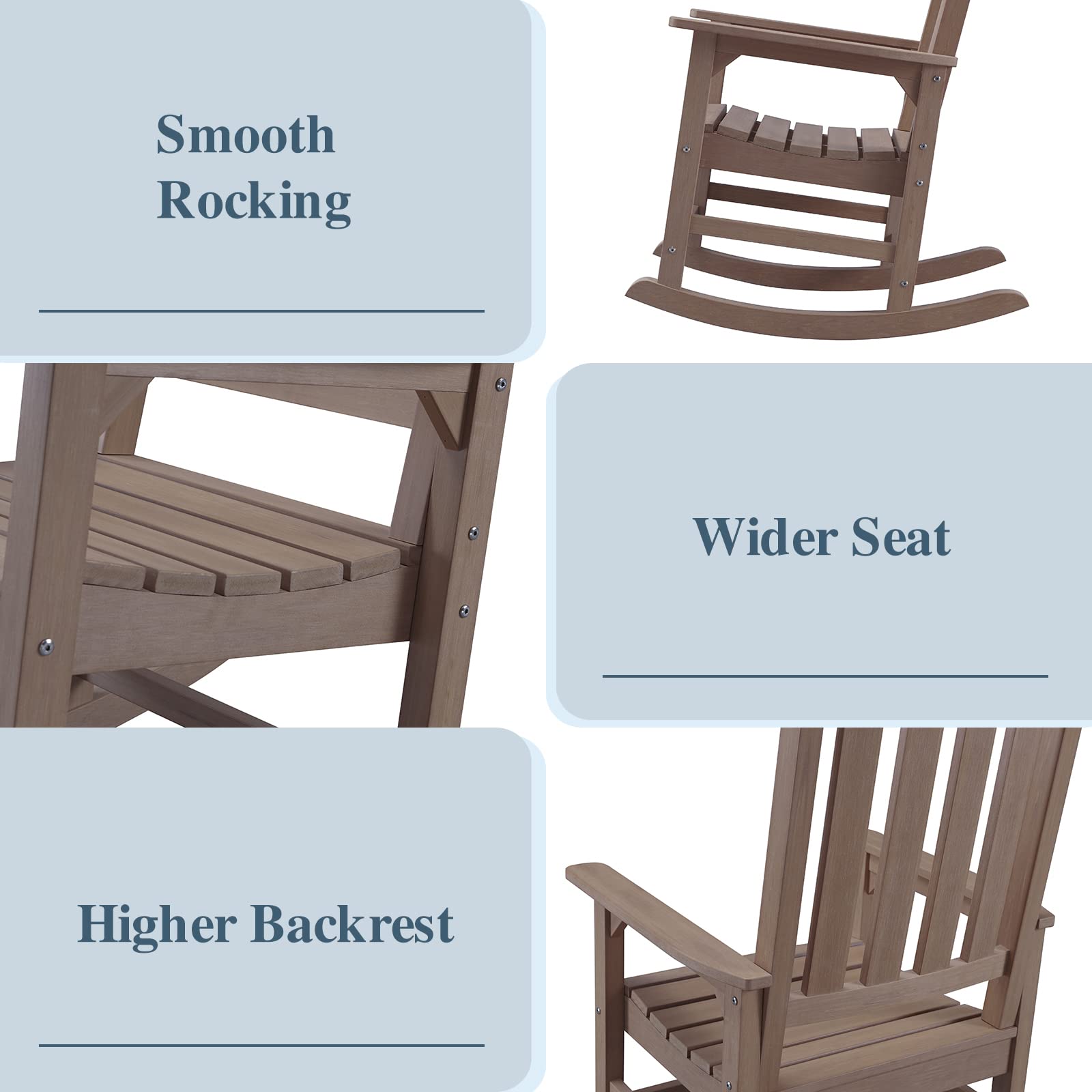 Psilvam Oversized Outdoor Rocking Chair Set of 2, Porch Rocker with 21" Wide Seat and 32" Tall Backrest, Pre-Assembled with Most Components for Effortless Installation (Brown)