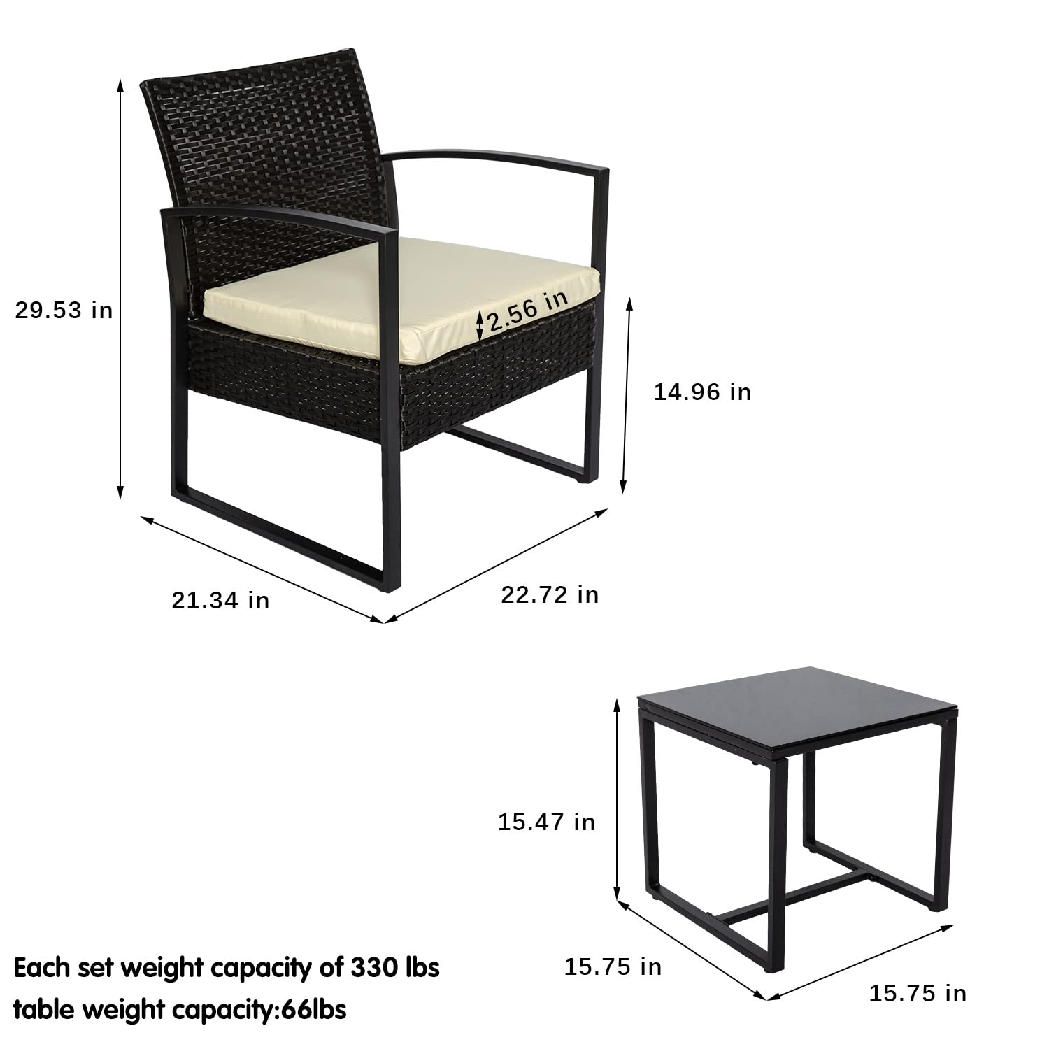 3 Piece Wicker Outdoor Patio Furniture Bistro Set, PE Rattan Chair w/Coffee Table, Small Modern Conversation Sets Clearance for Front Porch, Balcony, Garden, Lawn (Beige Cushion)