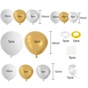 FEPITO 108 Pcs White and Gold Silver Balloon Garland Arch Kit 5 10 12 18 Inches Metallic Gold Silver White Balloons for Birthday Wedding Bridal Baby Shower Graduation Party Decorations