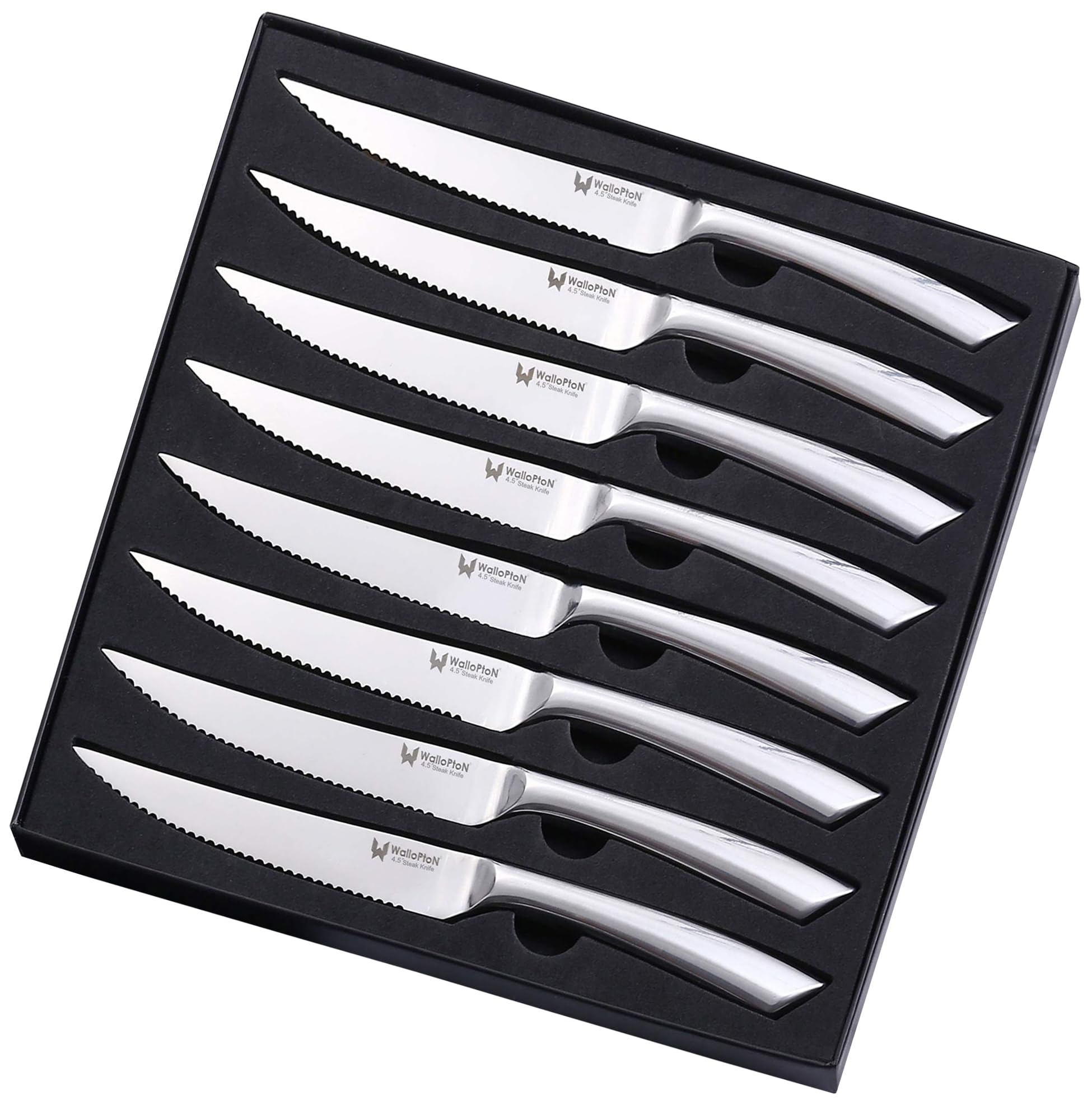 WALLOPTON Steak Knives Set of 8 - High Carbon Stainless Steel, Dishwasher Safe - Polished Blade & Handle, Straight Edge - 4.5'' Kitchen Dinner Table Knife Set Non Serrated