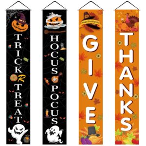 3 pieces halloween trick or treat&hocus pocus banner and thanksgiving reversible banner happy fall harvest thanksgiving halloween day porch sign hanging sign for fall decorations outdoor,front door