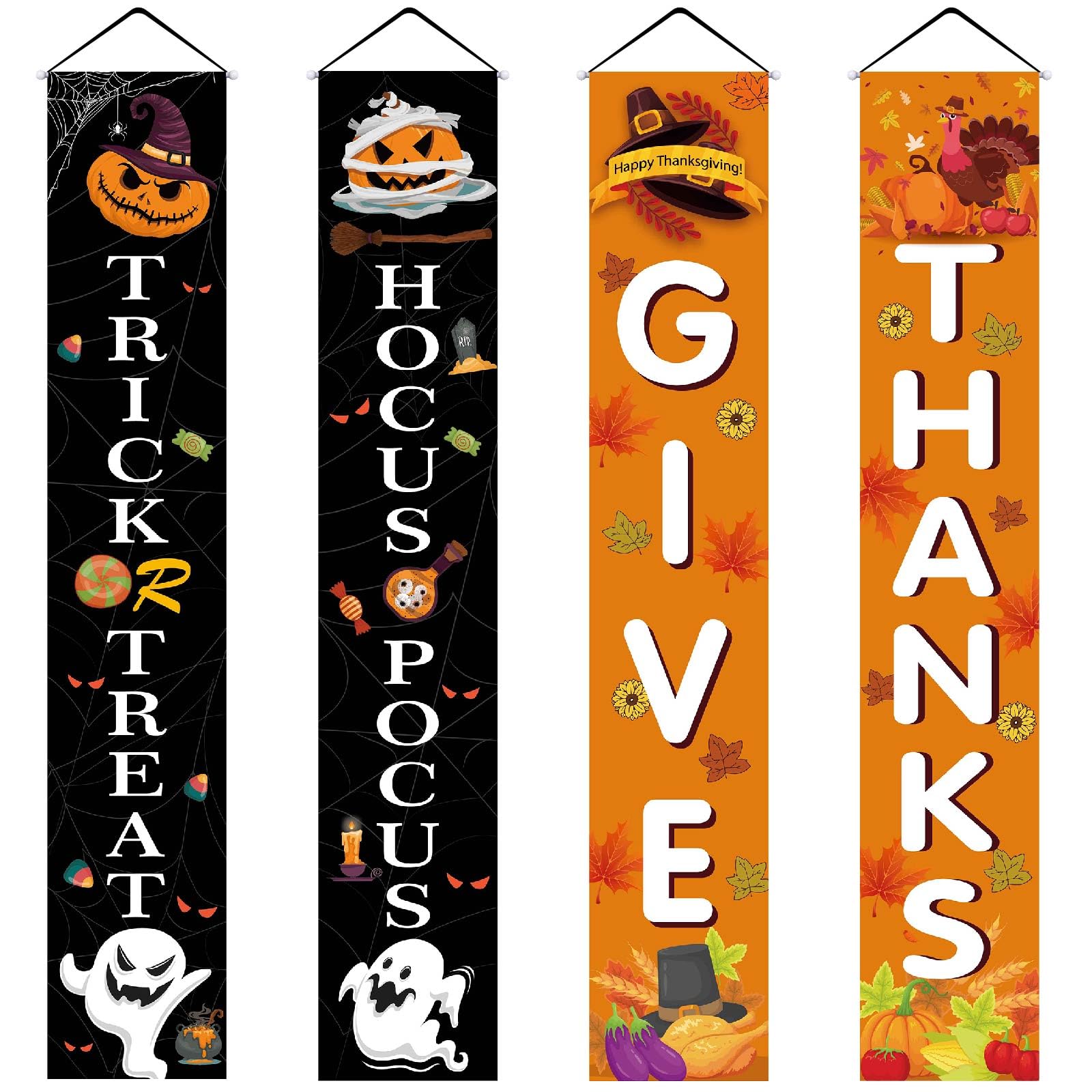 3 Pieces Halloween Trick or Treat&hocus pocus Banner and Thanksgiving Reversible Banner Happy Fall Harvest Thanksgiving Halloween Day Porch Sign Hanging Sign for Fall Decorations Outdoor,Front Door