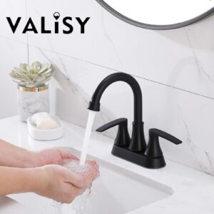 VALISY Lead-Free Matte Black Bathroom Sink Faucet, 2 Handle 4 Inch Centerset Faucet, Modern 360° Swivel High-Arc Spout Bath Lavatory Vanity Faucets for Bathroom Sinks with Pop-up Drain & Water Hoses