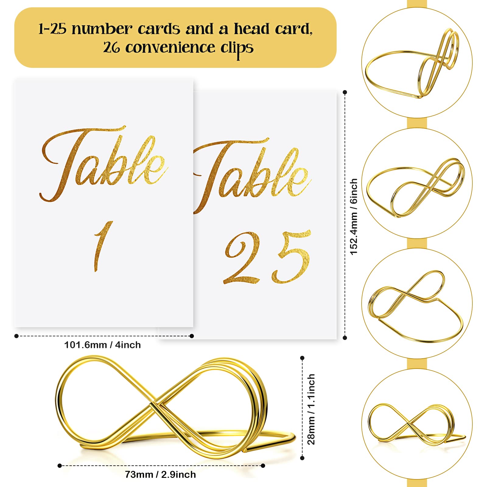 52 Pcs Table Number Sign, 26 Gold Table Numbers Holder Stands, 26 Wedding Table Numbers with Head Table Seating Labels Place Card Holder for Wedding Reception Name Cards for Table Setting