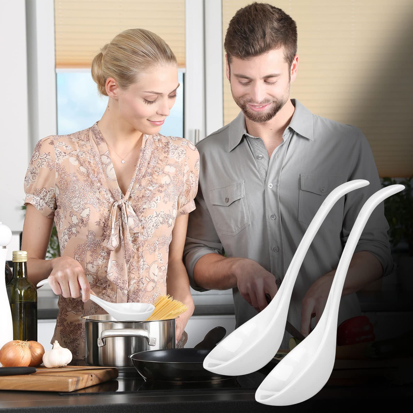 Artena Soup Ladle Set Of 2, 10.5 Inch White Ceramic Ladle Spoon, Ladles For Serving, Big Soup Spoons, Asian Soup Spoons, Chinese Soup Spoons, Long Handle Spoon, Deep Oval Hook Design, Dishwasher Safe