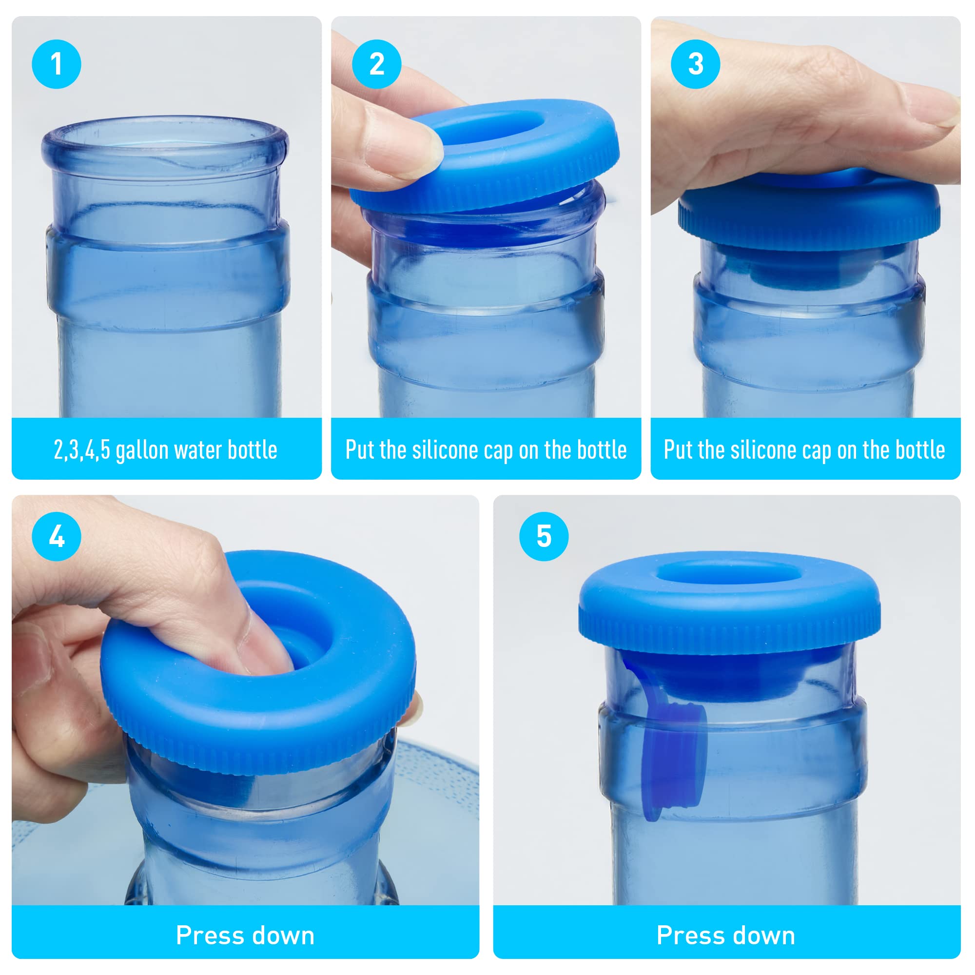 Water Jug Caps 5 Gallon Silicone - Replaceable Strong Sealing no Spill Top Lid Cover 55mm with Hole for Outdoor & Kitchen - Pack by 4