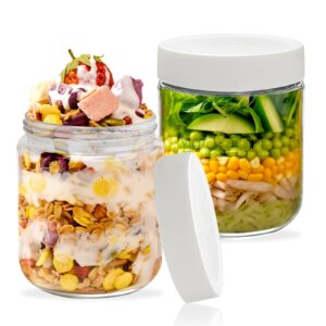 pfum convenient canning jars set: 18 oz glass overnight oats containers 2pack- airtight lids, mason jars for oatmeal, seed pudding, snacks glass food storage containers (2 white)