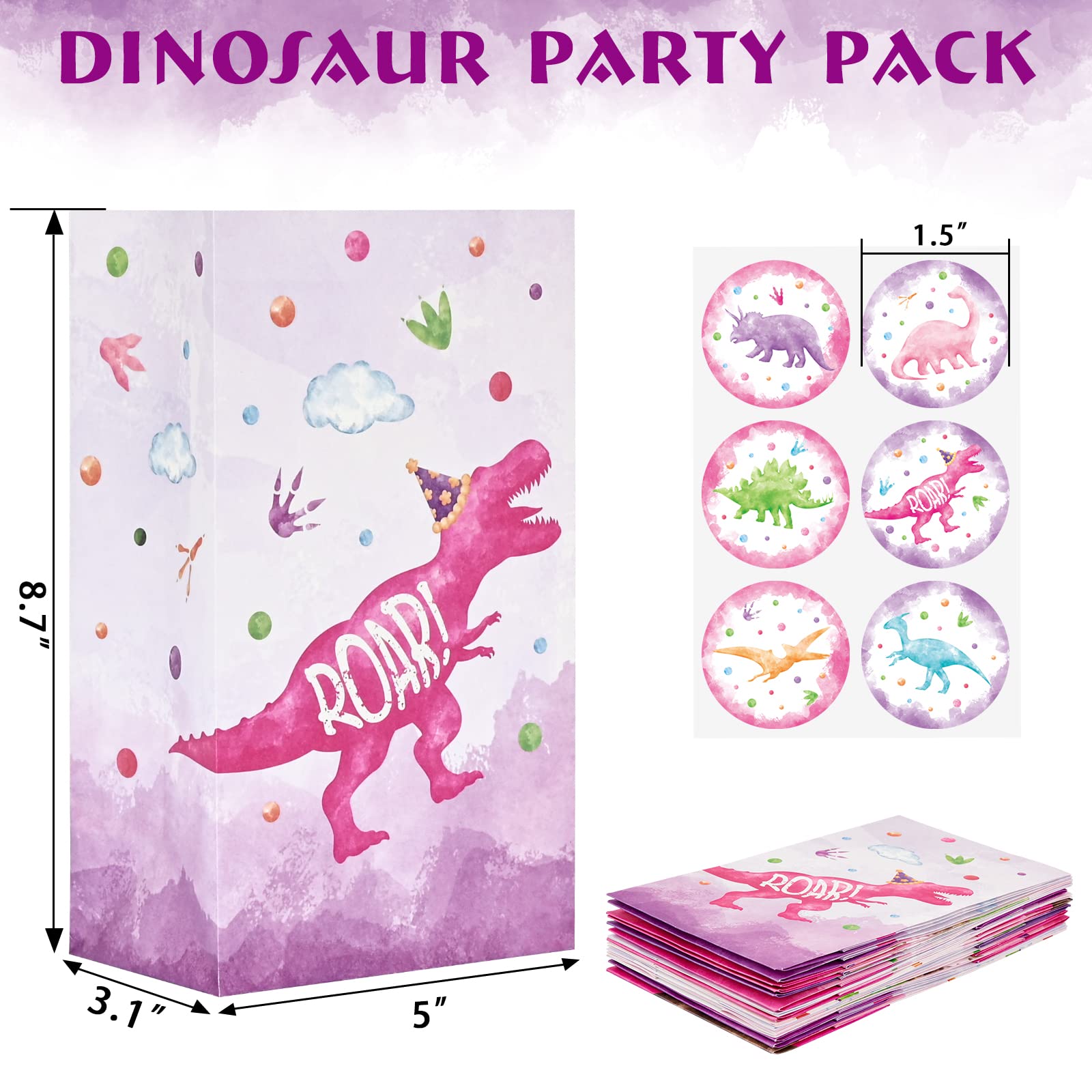 WERNNSAI Watercolor Dinosaur Goodie Bags - 24 PCS Dinosaur Party Supplies for Girls Kids Baby Shower Birthday Gift Bags Dino Theme Party Favors Candy Treat Bags with Stickers