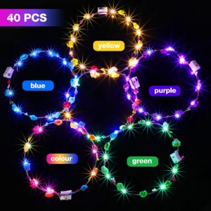 40 Pieces LED Flower Crown Light up Headband LED Hair Garlands Glow in The Dark Flower Crown LED Hair Wreath for Women Girls Brides Wedding Birthday Holiday Beach Party Hair Accessories