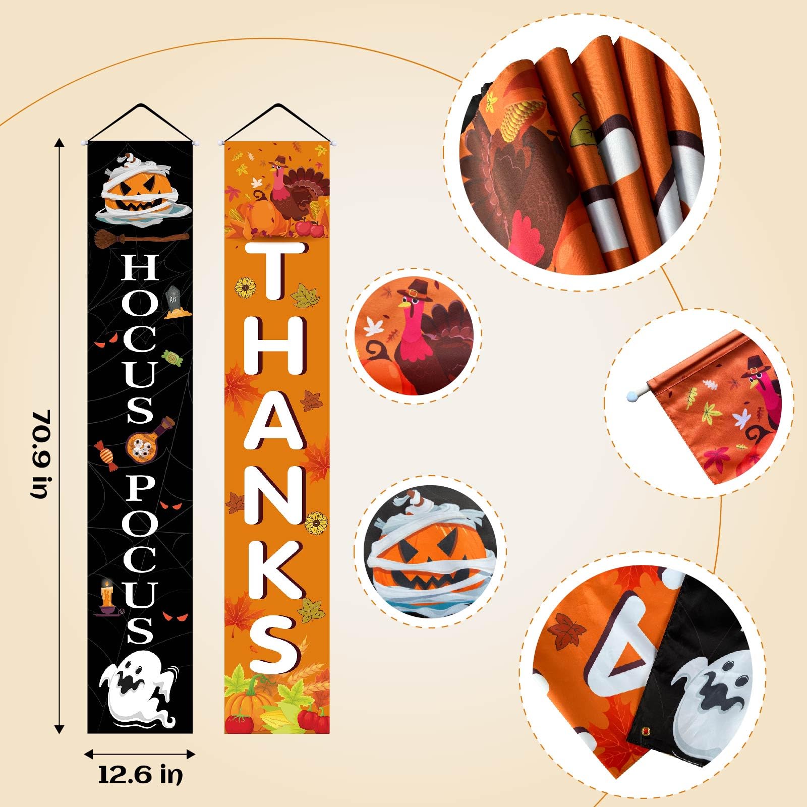 3 Pieces Halloween Trick or Treat&hocus pocus Banner and Thanksgiving Reversible Banner Happy Fall Harvest Thanksgiving Halloween Day Porch Sign Hanging Sign for Fall Decorations Outdoor,Front Door