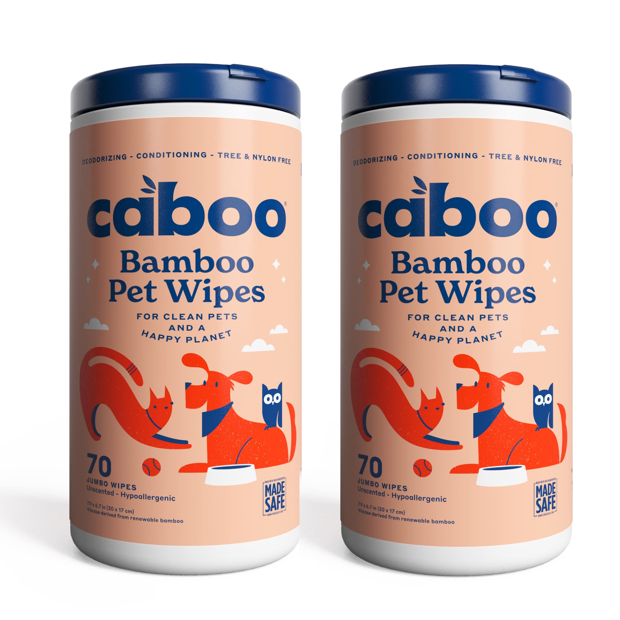 Caboo Tree Free Pet Wipes for Dogs & Cats | Natural, Earth Friendly, Deodorizing, Hypoallergenic Cleaning Wipes for Eyes, Ears, Paws, & Face (Unscented, 2 Canisters, Total of 140 Jumbo Wipes)