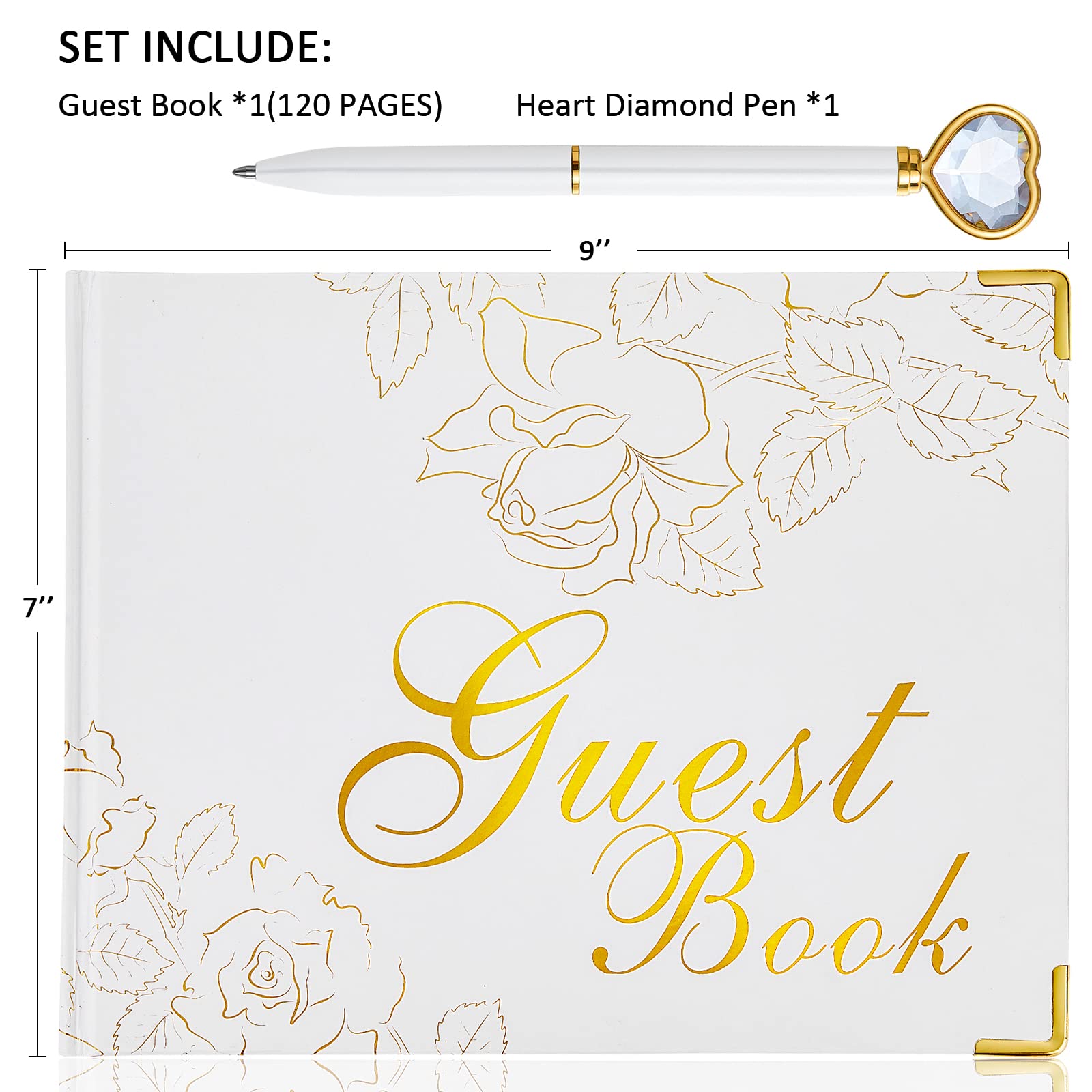 JEWPHX Guest Book with Pen– 9"x7" Hardcover 120 Page/60 Sheets-Gold Foil Gilded Edgesfor Guests to Sign at a Wedding, Party, Baby or Bridal Shower(White)