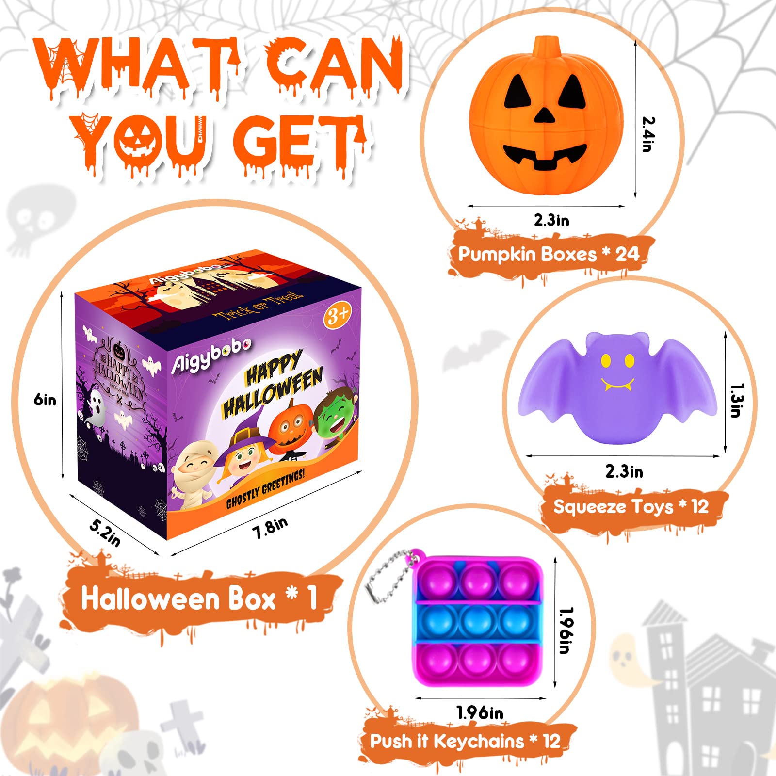 48 Halloween Toys Pack with Pumpkin Box, Halloween Party Favors Gifts for Kids, Halloween Goodie Bag Stuffers with Bubble Push it Keychain, Halloween Prizes Treats Non Candy School Classroom Favors