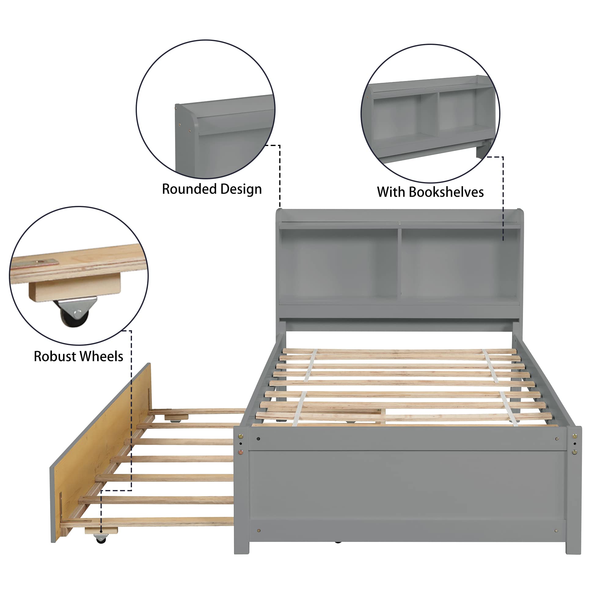 Olela Twin Bed with Trundle Bookshelf, Platform Twin Bed with Trundle with Bookcase Storage for Girls Boys, No Need Box Spring (Grey)