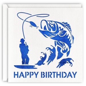 magjuche blue fishing birthday card, glitter laser cut cooking greeting card for men, father, grandfather