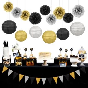 Black Silver Gold Party Decorations - 15Pcs Paper Flowers Tissue Pom Poms Paper Lanterns Graduation Hanging Decor Retirement Decoration 50th 80th 90th Men Birthday Anniversary HongTongTong