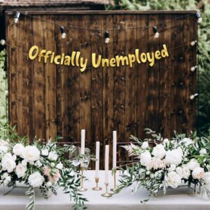 Officially Unemployed Graduation Party Gold Glitter Banner – Retirement Party Favors and Supplies