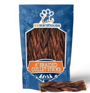 k9warehouse braided gullet sticks for dogs - 6 inch - 100% all natural dog braided bully sticks - low odor - bully braided sticks for dogs - dog chew treats for small, medium and large dogs (3 count)