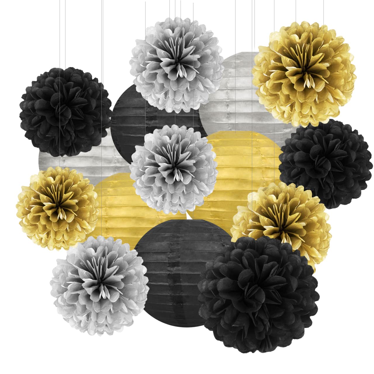 Black Silver Gold Party Decorations - 15Pcs Paper Flowers Tissue Pom Poms Paper Lanterns Graduation Hanging Decor Retirement Decoration 50th 80th 90th Men Birthday Anniversary HongTongTong