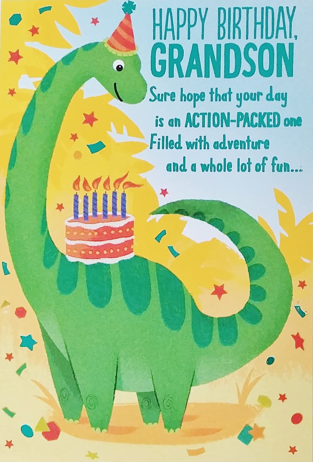 Happy Birthday Grandson Greeting Card with Brachiosaurus Dinosaur - Sure Hope That Your Day Is Action-Packed