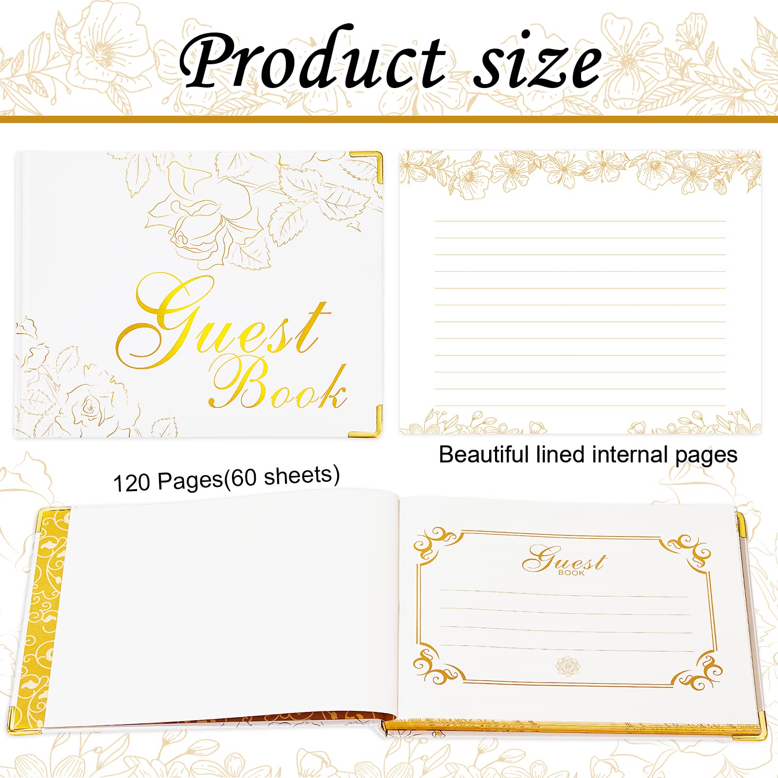 JEWPHX Guest Book with Pen– 9"x7" Hardcover 120 Page/60 Sheets-Gold Foil Gilded Edgesfor Guests to Sign at a Wedding, Party, Baby or Bridal Shower(White)