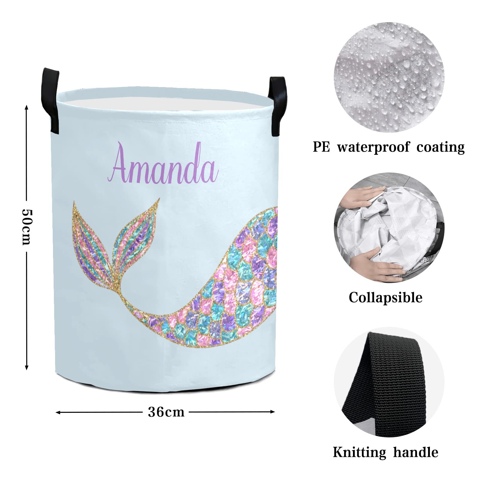 Mermaid Blue Large Laundry Basket Custom Name Foldable Clothes Bag Collapsible Fabric Laundry Hamper Folding Washing Bin for Gift