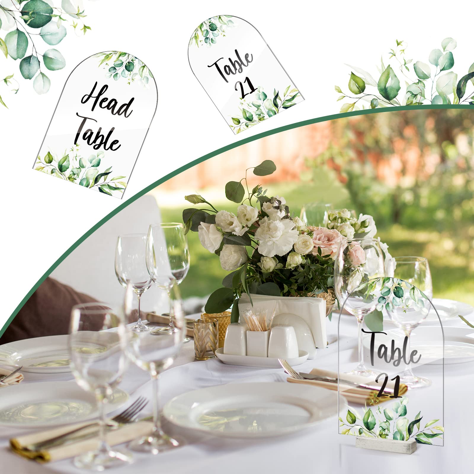 Jetec 26 Pcs Acrylic Wedding Table Numbers 1-25 Printed 4 x 6 Inch Clear Acrylic Table Signs Greenery Floral Arched Place Cards for Wedding Reception Bridal Shower Baby Shower Table Centerpiece Decor