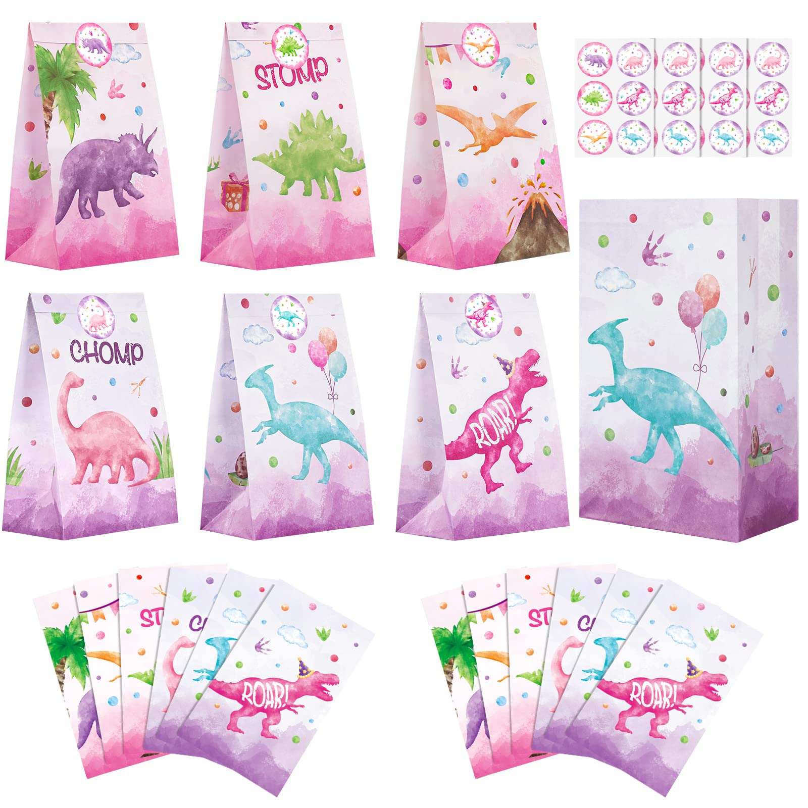 WERNNSAI Watercolor Dinosaur Goodie Bags - 24 PCS Dinosaur Party Supplies for Girls Kids Baby Shower Birthday Gift Bags Dino Theme Party Favors Candy Treat Bags with Stickers