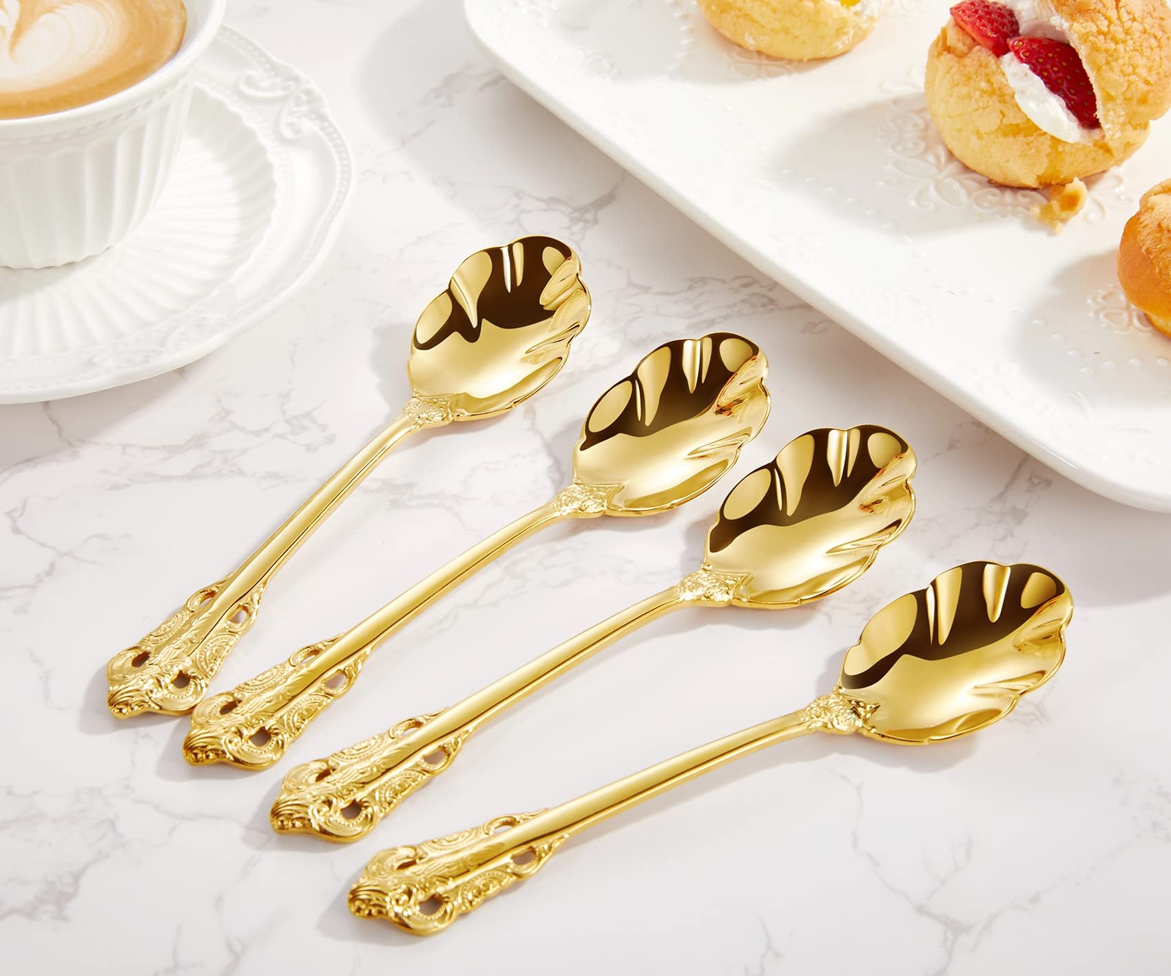 KEAWELL 6" Tea Spoons Set of 4, Coffee Espresso Demitasse Vintage Tea Spoon, 18/10 Stainless Steel, (Gold)