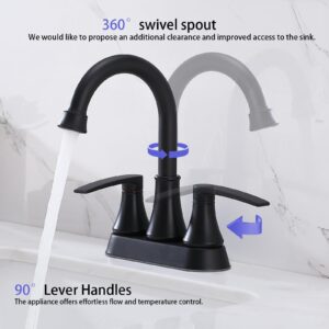 VALISY Lead-Free Matte Black Bathroom Sink Faucet, 2 Handle 4 Inch Centerset Faucet, Modern 360° Swivel High-Arc Spout Bath Lavatory Vanity Faucets for Bathroom Sinks with Pop-up Drain & Water Hoses