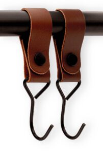 brute strength - leather straps with hooks - cognac - 2x - full grain leather - mommy hook - stroller clip - bag hook - leather hooks - leather s hooks - black s hooks - similar to s-hooks