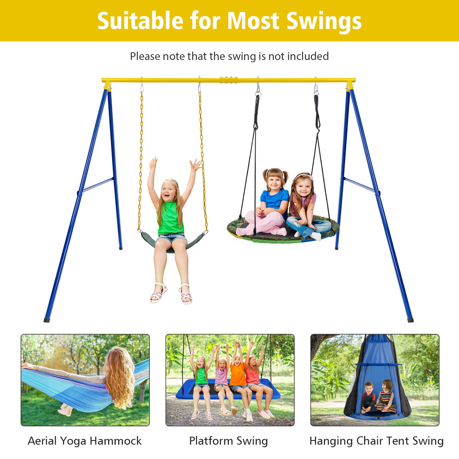 Costzon 550lbs Metal Swing Sets for Backyard, Heavy Duty Full Steel Swing Frame Extra Large A-Frame Stand w/Ground Stakes, Adjustable Ropes, Fits 2 Swings, Gift for Indoor Outdoor Kids and Adults