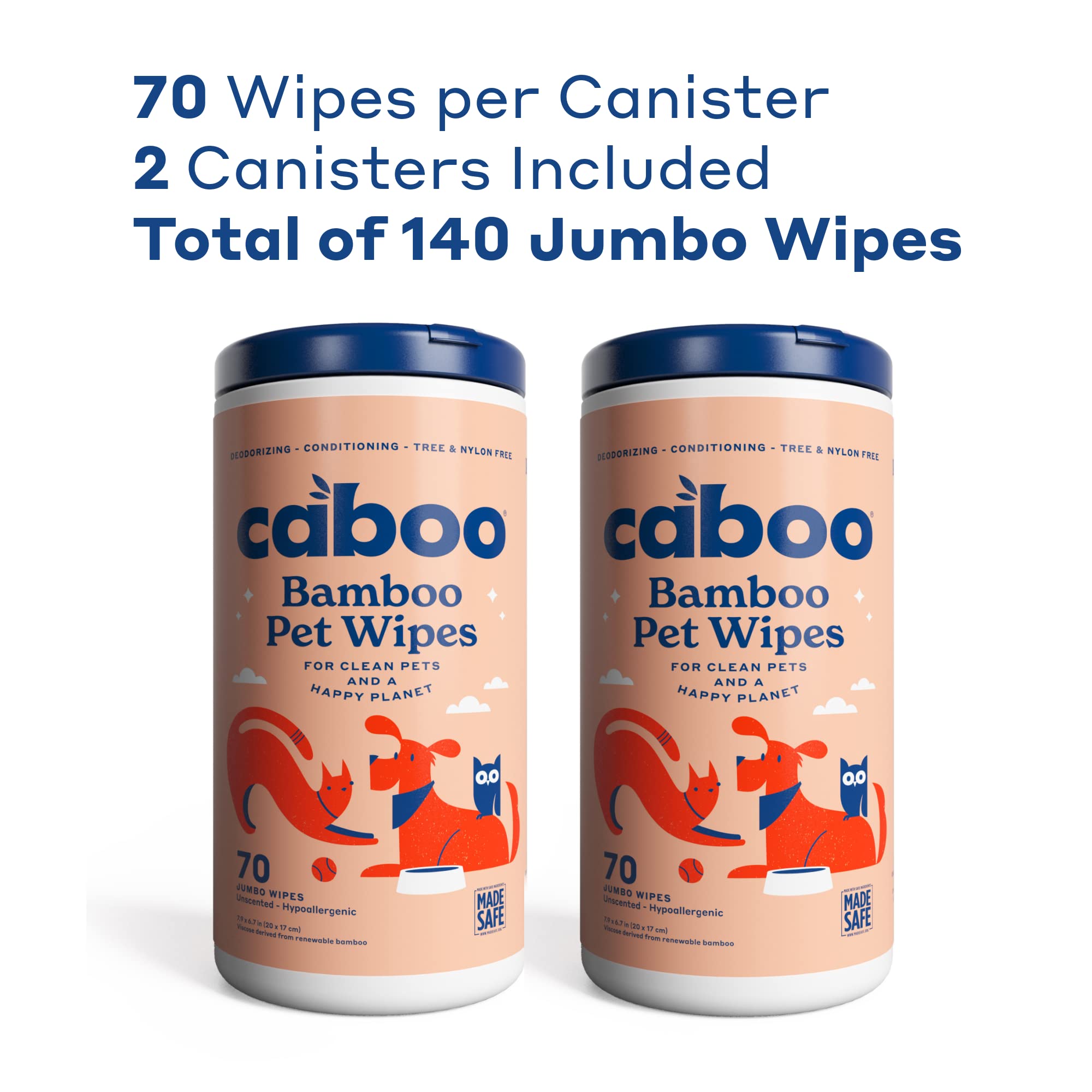 Caboo Tree Free Pet Wipes for Dogs & Cats | Natural, Earth Friendly, Deodorizing, Hypoallergenic Cleaning Wipes for Eyes, Ears, Paws, & Face (Unscented, 2 Canisters, Total of 140 Jumbo Wipes)