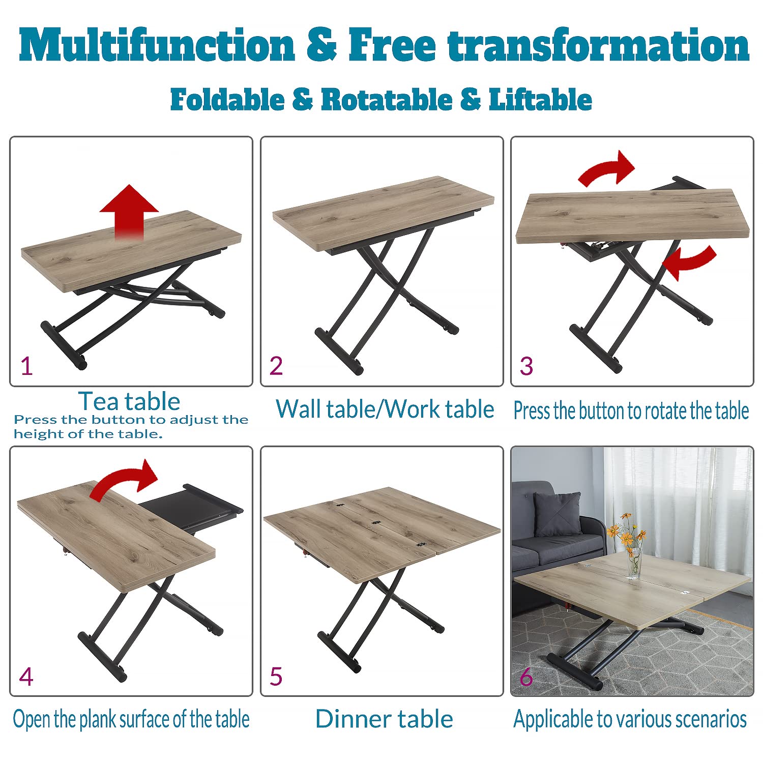 MYSELFLY Dinning Table Folding Metal Lift Bracket, Space Saver, Multi-Functional Transforming Dinner Coffee Table in Room Home Wood Desktop 40x35 Silver