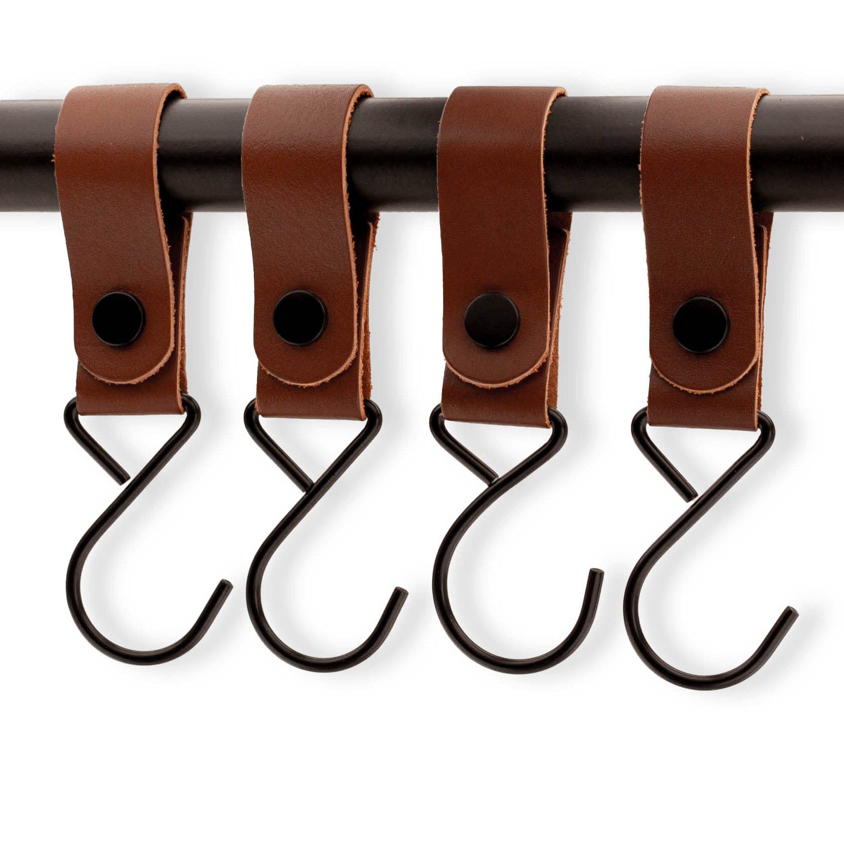 Brute Strength - Leather Straps with Hooks - Cognac - 2X - Full Grain Leather - Mommy Hook - Stroller Clip - Bag Hook - Leather Hooks - Leather s Hooks - Black s Hooks - Similar to S-Hooks