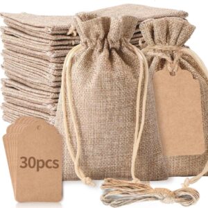 30pcs burlap gift bags and 30pcs gift tags, 4"x 6" burlap bags with drawstring, wedding hessian linen sacks bag, jewelry pouches burlap bags, gift bags for birthday, party, present, wedding favors, art and diy craft